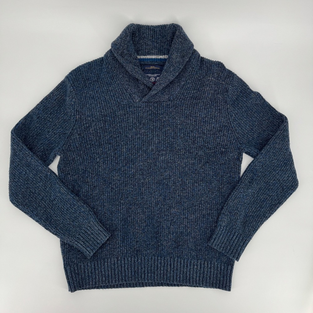 American Eagle Mens Blue Marl Shawl Collar Wool Blend Ribbed Sweater Size Large
